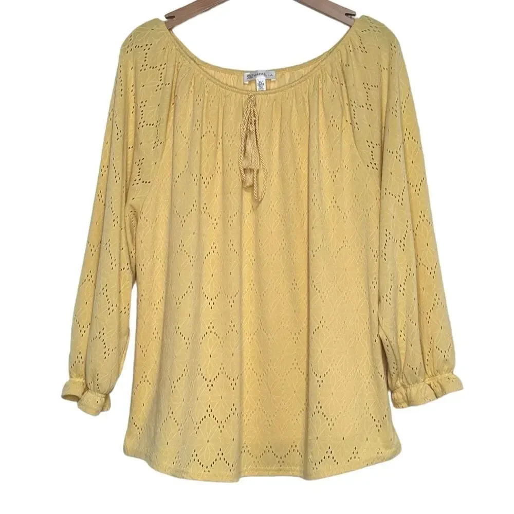 Rafaella XL yellow long sleeve top ruffled wrist eyelet print‎